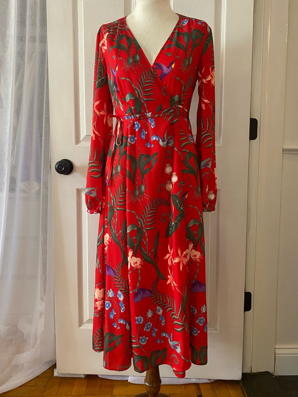 H&M Red Floral Long Sleeve Wrap Maxi Dress